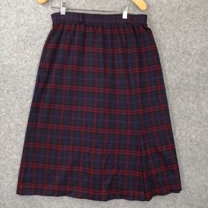 Vintage Scottish Wool Plaid Skirt M Navy Red School Tartan Midi CRICKET LANE USA